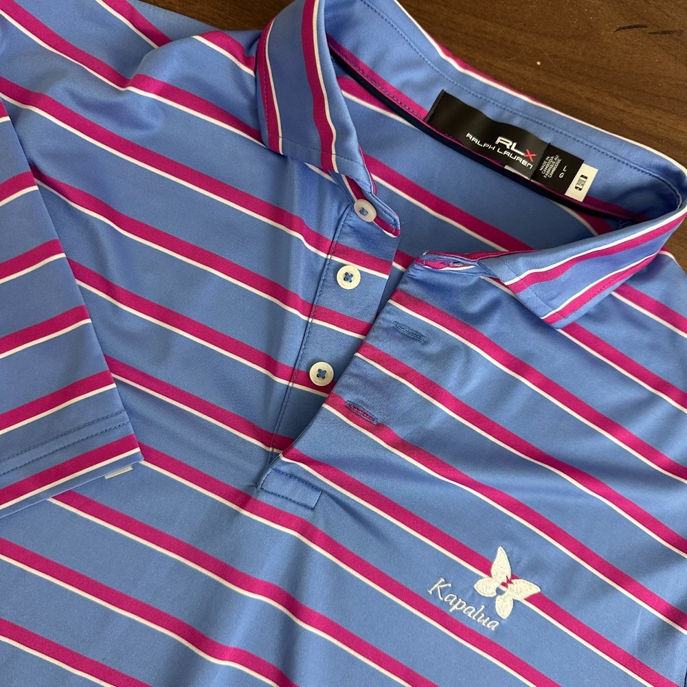 RLX Ralph Lauren Polo Shirt Blue Pink Striped Kapalua Logo Stretch Mens Large